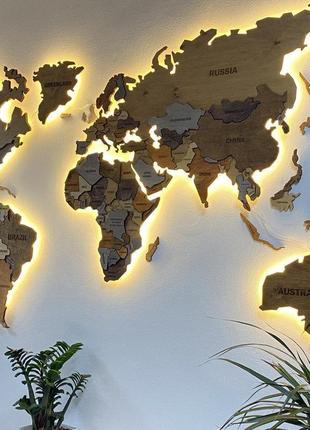 Карта світу 3d з підсвічуванням, гравіруванням назв країн і кордонів, багаторівнева карта світу xxl-250x150 см