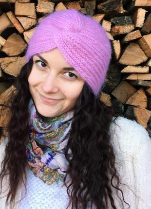 Шапка чалма, тюрбан, розовая вязанная шапка, вязанная чалма, шерстяная чалма зимняя шапка2 фото