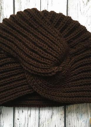 Шапка чалма, тюрбан, коричнева в'язана шапка, вязанная чалма, шерстяная чалма зимняя шапка4 фото