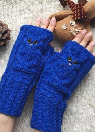 Теплі рукавиці з совами, вязані мітенки, сова в подарунок на новий рік, мітенки на флісі7 фото