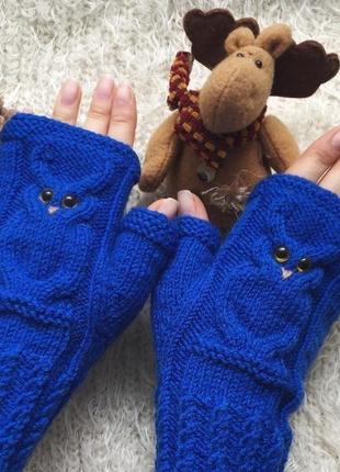 Теплі рукавиці з совами, вязані мітенки, сова в подарунок на новий рік, мітенки на флісі3 фото