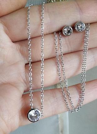 Набір камінчик на волосіні і сережки гвоздики сріблястий