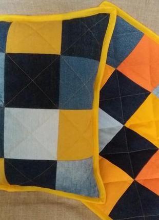 Джинсова декоративна наволочка, подушка c жовтим і помаранчевим5 фото