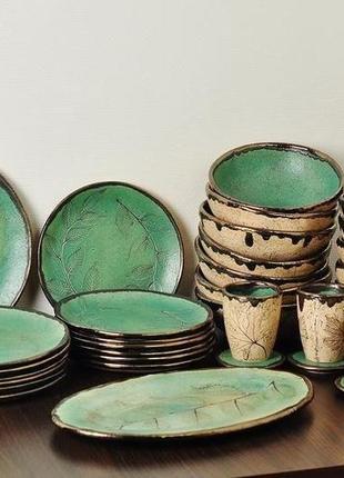 Матовая бирюзовая керамическая посуда, набор из 6 приборов2 фото