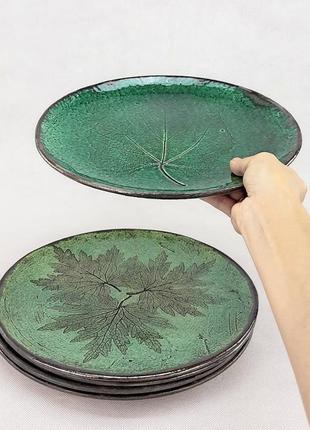 Велика глянсова зелена керамічна тарілка ручної роботи, 28 см діаметр, арт.№191 фото
