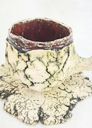 Керамическая чашка с ручкой и блюдце ручной работы, в стиле рустик, 280 мл., арт.№248 фото
