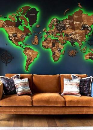 Деревянная карта мира с подсветкой (без акрила)4 фото