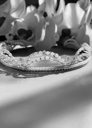 Свадебный комплект корона и серьги с имитацией жемчуга и биконусными бусинами swarovski8 фото