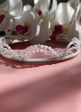 Весільний комплект корона і сережки з імітацією перлів і биконусными намистинами swarovski7 фото