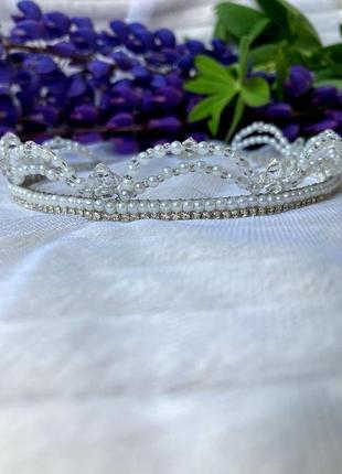 Весільний комплект корона і сережки з імітацією перлів і биконусными намистинами swarovski4 фото