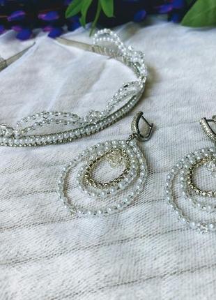 Весільний комплект корона і сережки з імітацією перлів і биконусными намистинами swarovski1 фото