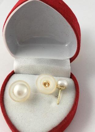 Сережки натуральні річні білі перли, 7 мм золото 585 гатунку3 фото