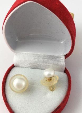 Сережки натуральні річні білі перли, 7 мм золото 585 гатунку2 фото