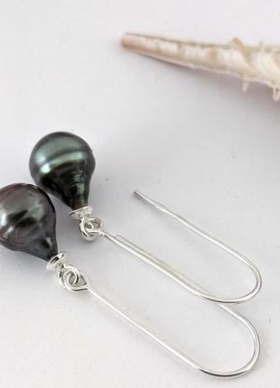 Сережки, барочні культивовані океанічні чорні перли таїти, срібло 925 гатунку2 фото