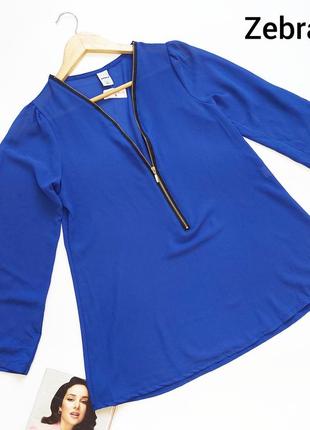 Новая женская синяя легкая блуза свободного, витиеватая молния со средним рукавом, рукав регулируется на пуговице от бренда zebra