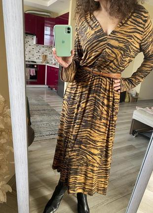 Хорошее натуральное платье миди h&amp;m zebra print l🤎5 фото
