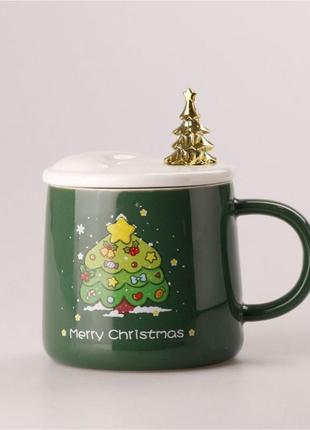 Чашка керамическая 500 мл merry christmas с крышкой и ложкой зеленый