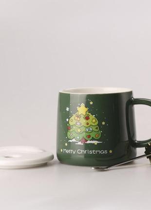 Керамічна чашка 500 мл merry christmas з кришкою і ложкою зелений2 фото