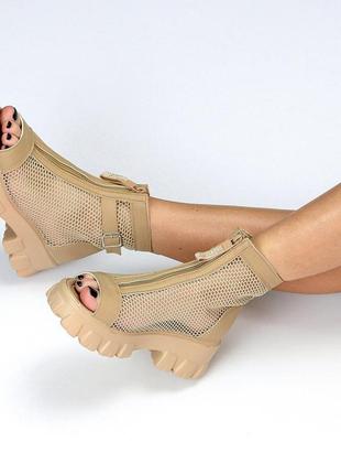 Женские летние ботинки босоножки, темный беж6 фото
