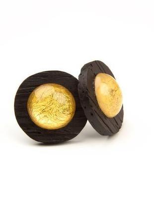 Бурштинові сережки на дереві зерикотте з сусальним золотом, срібна фурнітура2 фото