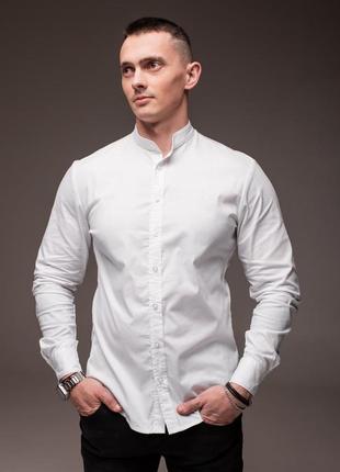 Белая мужская рубашка casual воротничок - стойка8 фото