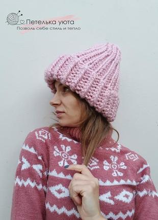 Вязаная, объёмная, модная розовая шапка с полушерсти, handmade3 фото