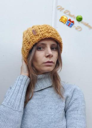 В'язана, модна, висока шапка гірчичного кольору, handmade9 фото