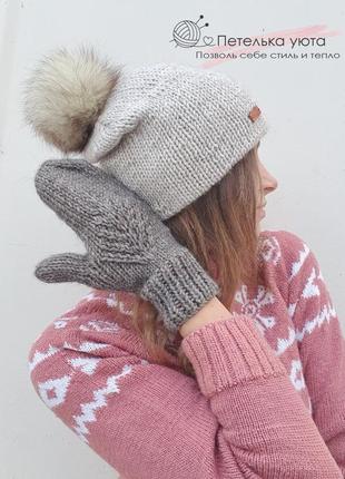 Вязаная,  стильная, тёплая  шапка с натуральным помпоном, handmade9 фото