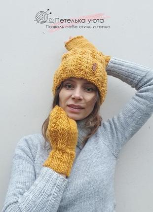 В'язаний комплект шапка біні та мітенки лисячого кольору, handmade4 фото