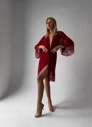 Розкішний червоний халат із італійської сіточки з мереживом1 фото