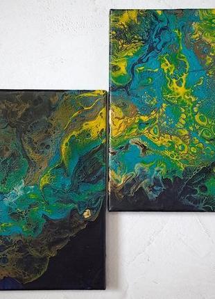 Диптих інтер'єрних картин "на глибині", абстрактна картина, техніка fluid art