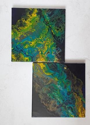 Диптих інтер'єрних картин "на глибині", абстрактна картина, техніка fluid art4 фото