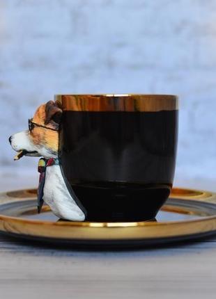 Чашка с декором и тарелка,  собака декор, декор из полимерной глины3 фото