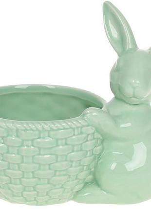 Керамічне кашпо з фігуркою кролик 14 см, колір зелений