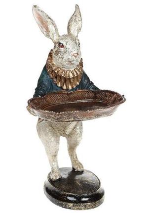 Декоративна фігура білий кролик з підносом , 28см . колір - синій