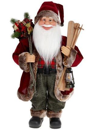 Новорічна іграшка санта з ліхтарем та лижами 60см, колір - чер...