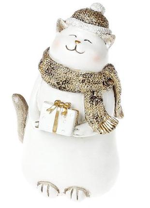 Декоративна статуетка котик з подарунком, 14см, колір - білий ...