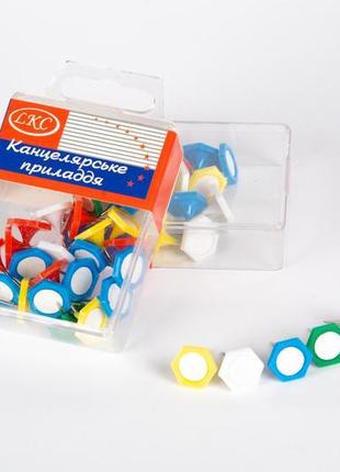 Кнопки канцелярські кольорові "шестигранник" 20 шт в упаковці
