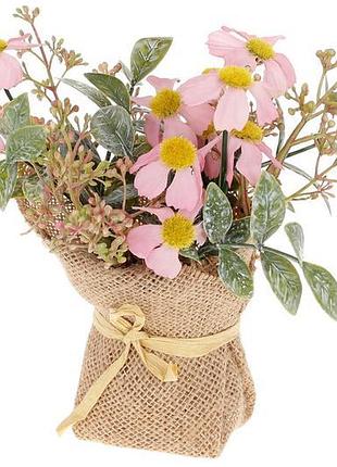 Декоративний букет хризантем із зеленню в мішечку, 16 см, колі...