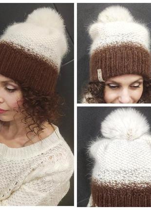 Очень красивый комплект - шапка и снуд из пуха норка с помпоном из песца