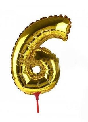 Фольгована куля цифра "6" на паличці, 35см, колір - золото