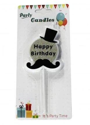 Фігурна свічка на торт "happy birthday. капелюх, вуса"