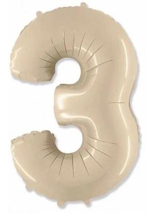 Фольгована куля цифра "3" 1м, flexmetal, колір - бежевий сатин