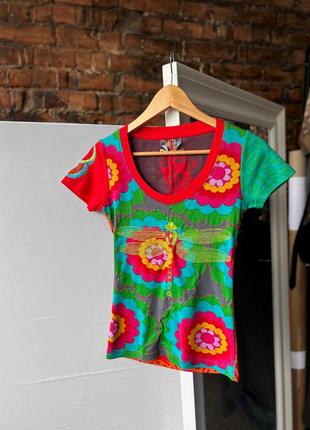 Desigual women's vintage y2k floral abstract printed scoop neck short sleeve t-shirt женская, винтажная футболка