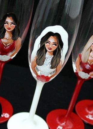 Свадебные бокалы персонализированные с ручной росписью, бокалы для подружек невесты4 фото