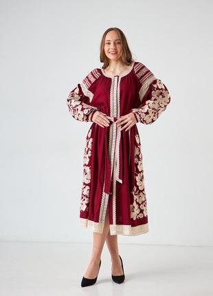 Вышитое женское платье "конвалия" бордо