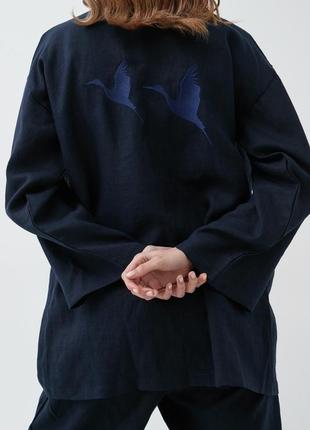 Костюм-кімоно зі штанами вільного фасону з льону з вишивкою "лелеки" унісекс4 фото