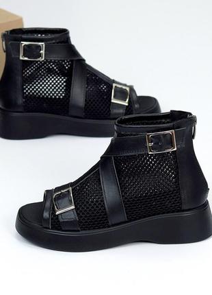 Натуральные кожаные стильные девчачье ботинки летние, босоножки текстильная сетка в черном цвете, по4 фото
