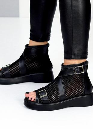 Натуральные кожаные стильные девчачье ботинки летние, босоножки текстильная сетка в черном цвете, по6 фото