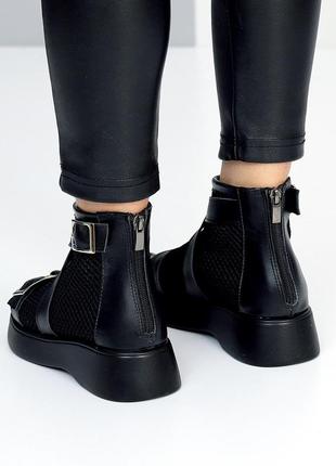 Натуральные кожаные стильные девчачье ботинки летние, босоножки текстильная сетка в черном цвете, по7 фото